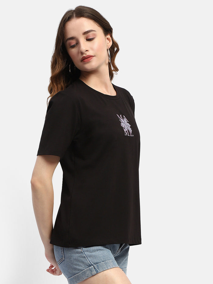 Madame Embroidered Black Regular T-Shirt