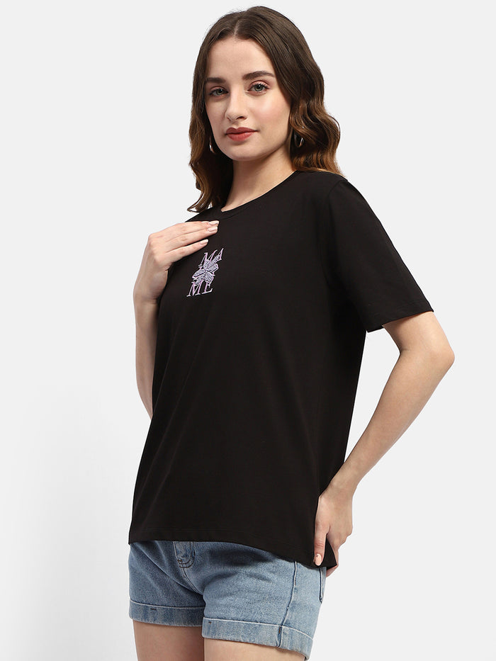 Madame Embroidered Black Regular T-Shirt