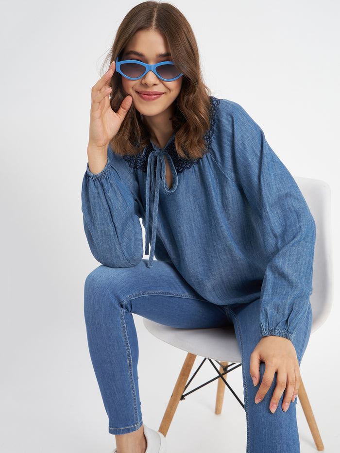 Madame Embroidered Collar Tie Neck Blue Cotton Top