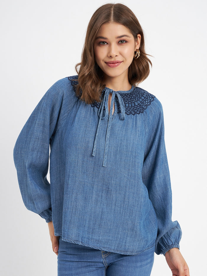 Madame Embroidered Collar Tie Neck Blue Cotton Top