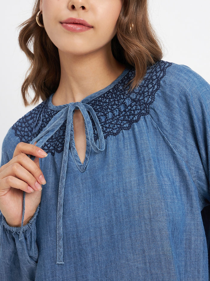 Madame Embroidered Collar Tie Neck Blue Cotton Top
