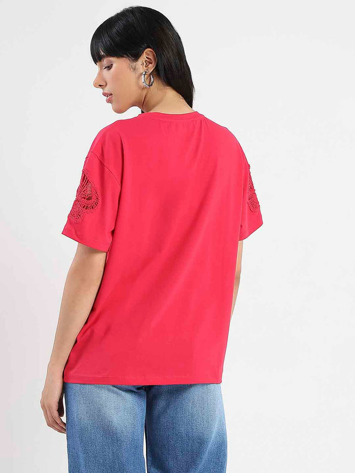 Madame Embroidered Sleeve Solid Red Cotton T-Shirt