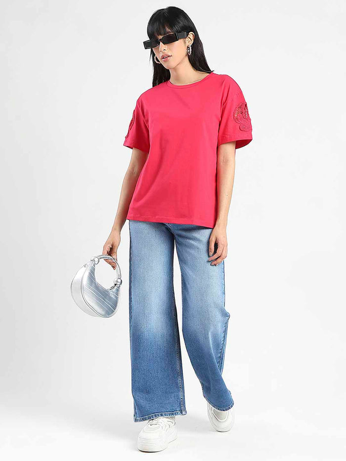 Madame Embroidered Sleeve Solid Red Cotton T-Shirt