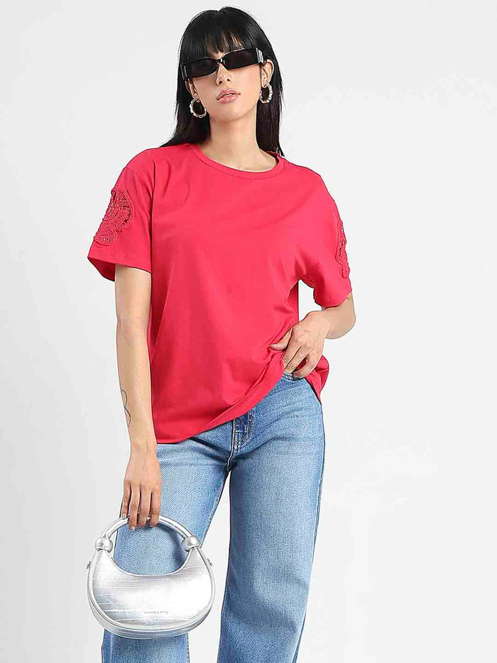 Madame Embroidered Sleeve Solid Red Cotton T-Shirt