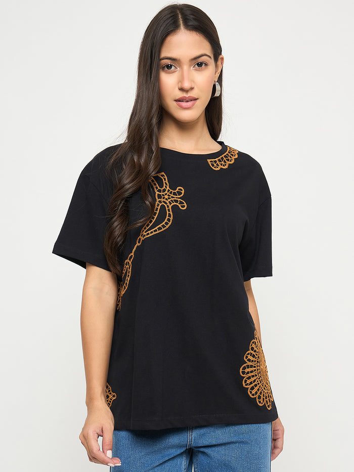 Madame Embroidery Patchwork Detailed Black Cotton T-shirt