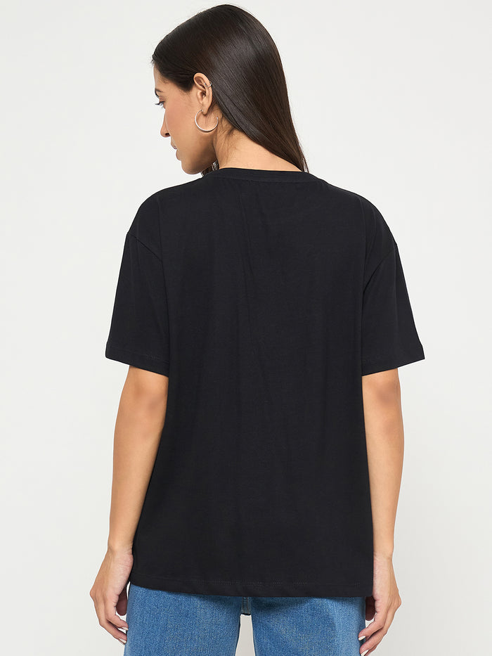 Madame Embroidery Patchwork Detailed Black Cotton T-shirt