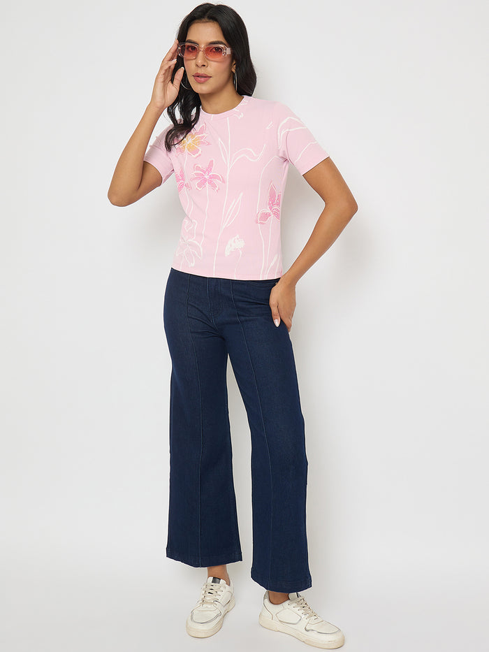 Madame Floral Print Sequin Detailed Pink T-Shirt