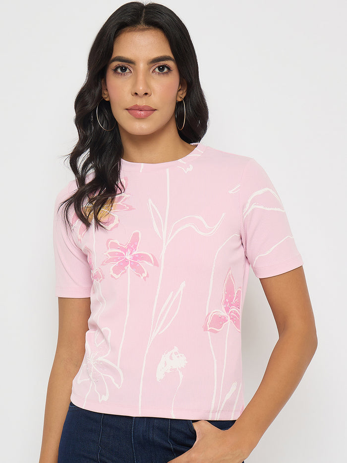 Madame Floral Print Sequin Detailed Pink T-Shirt