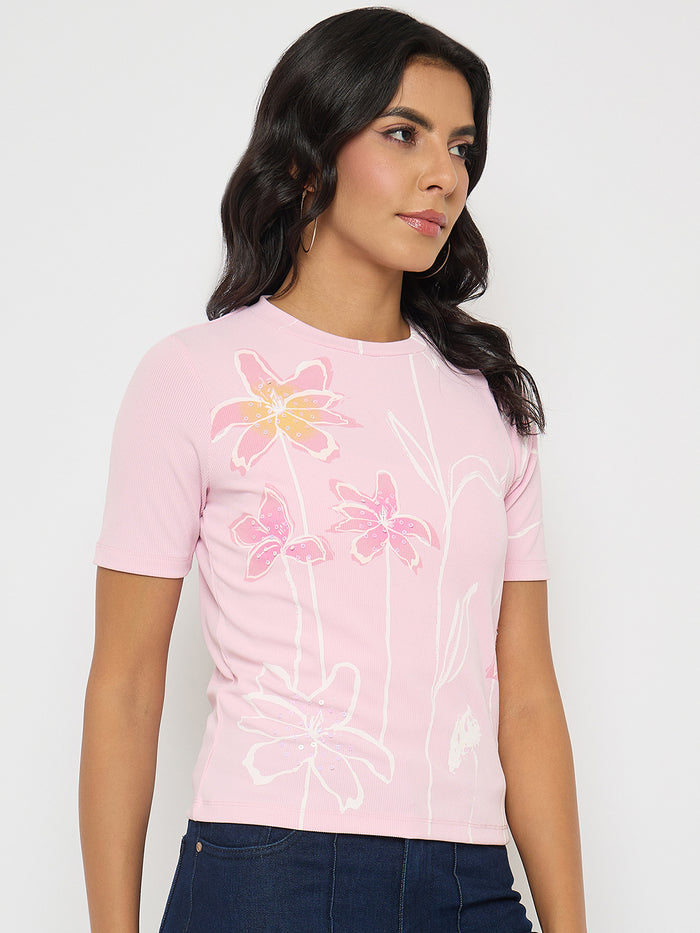 Madame Floral Print Sequin Detailed Pink T-Shirt