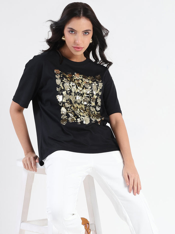 Madame Front Embellished Solid Black Cotton T-shirt
