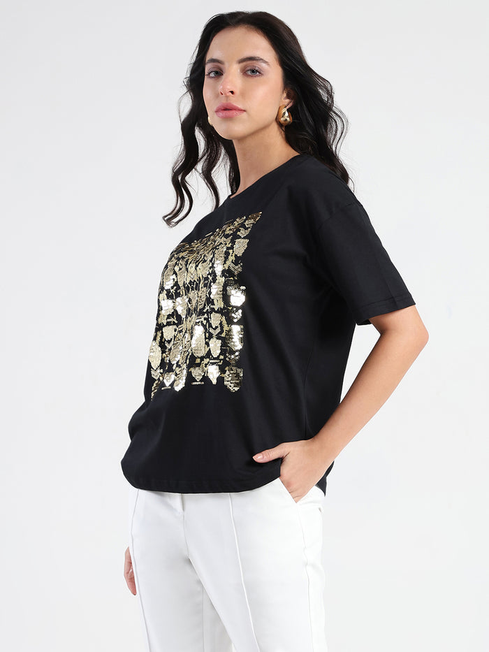 Madame Front Embellished Solid Black Cotton T-shirt