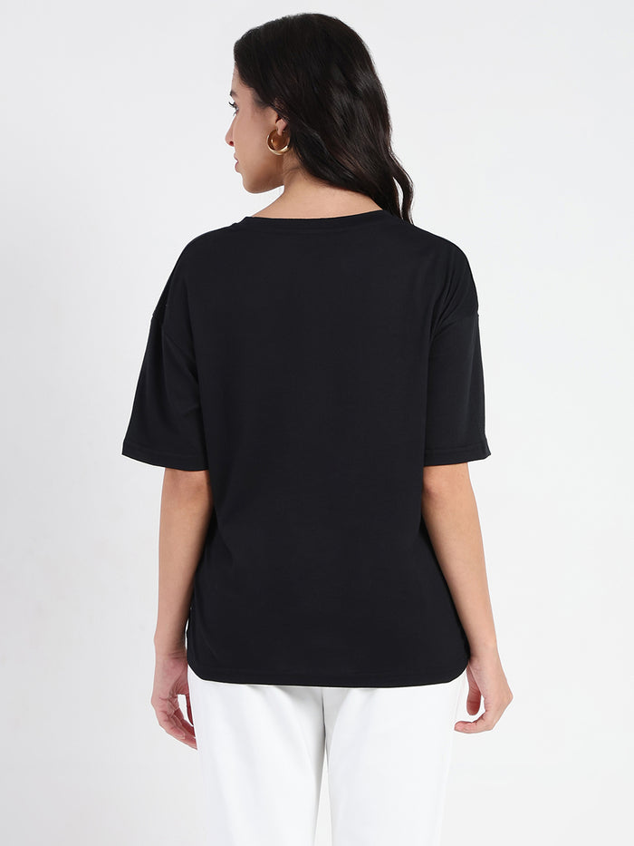 Madame Front Embellished Solid Black Cotton T-shirt
