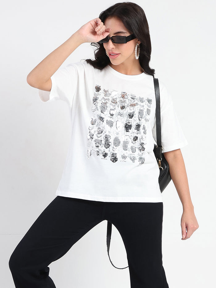 Madame Front Embellished Solid White Cotton T-shirt