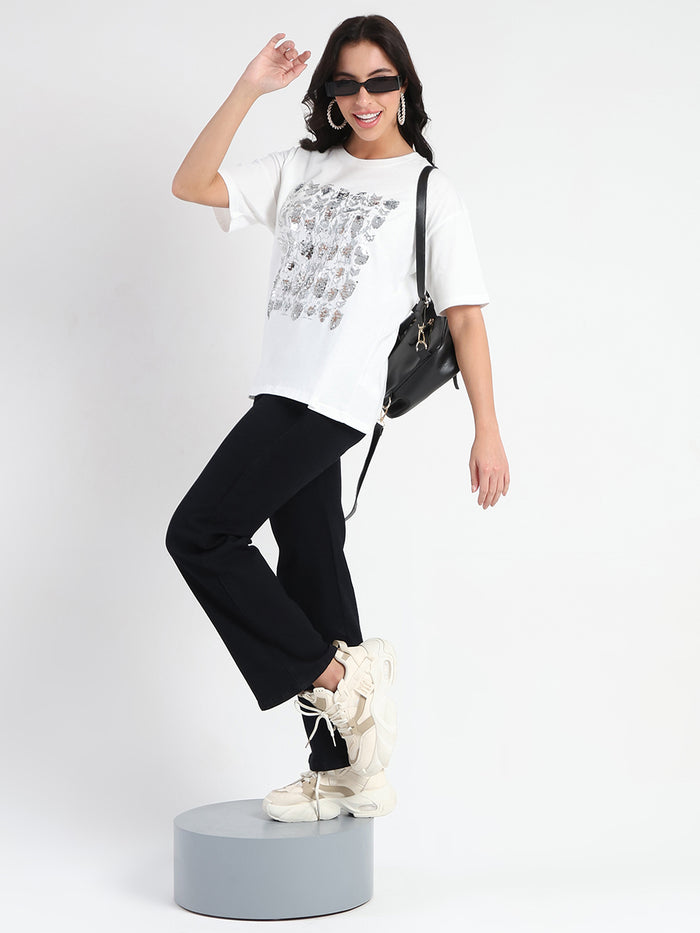 Madame Front Embellished Solid White Cotton T-shirt