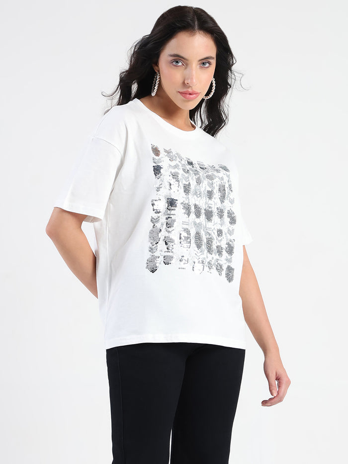 Madame Front Embellished Solid White Cotton T-shirt