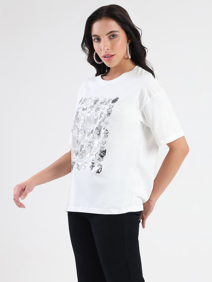 Madame Front Embellished Solid White Cotton T-shirt