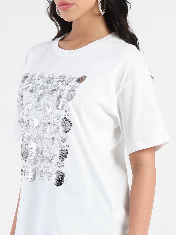 Madame Front Embellished Solid White Cotton T-shirt