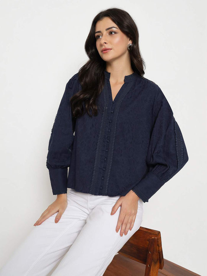 Madame Gathered Shoulders Navy Blue Cotton Top