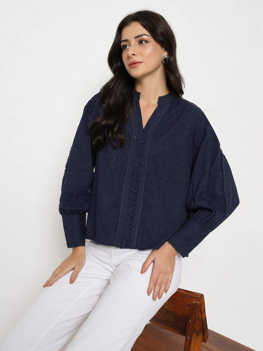 Madame Gathered Shoulders Navy Blue Cotton Top