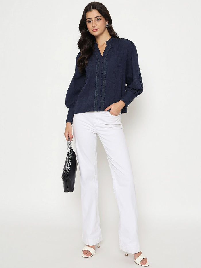 Madame Gathered Shoulders Navy Blue Cotton Top