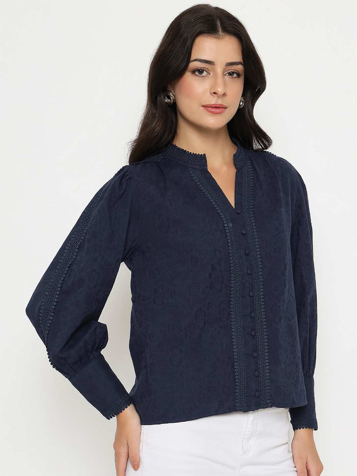 Madame Gathered Shoulders Navy Blue Cotton Top