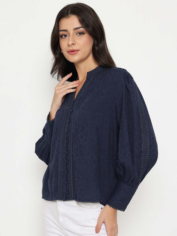 Madame Gathered Shoulders Navy Blue Cotton Top