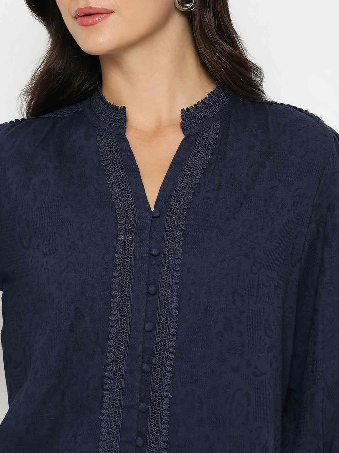 Madame Gathered Shoulders Navy Blue Cotton Top