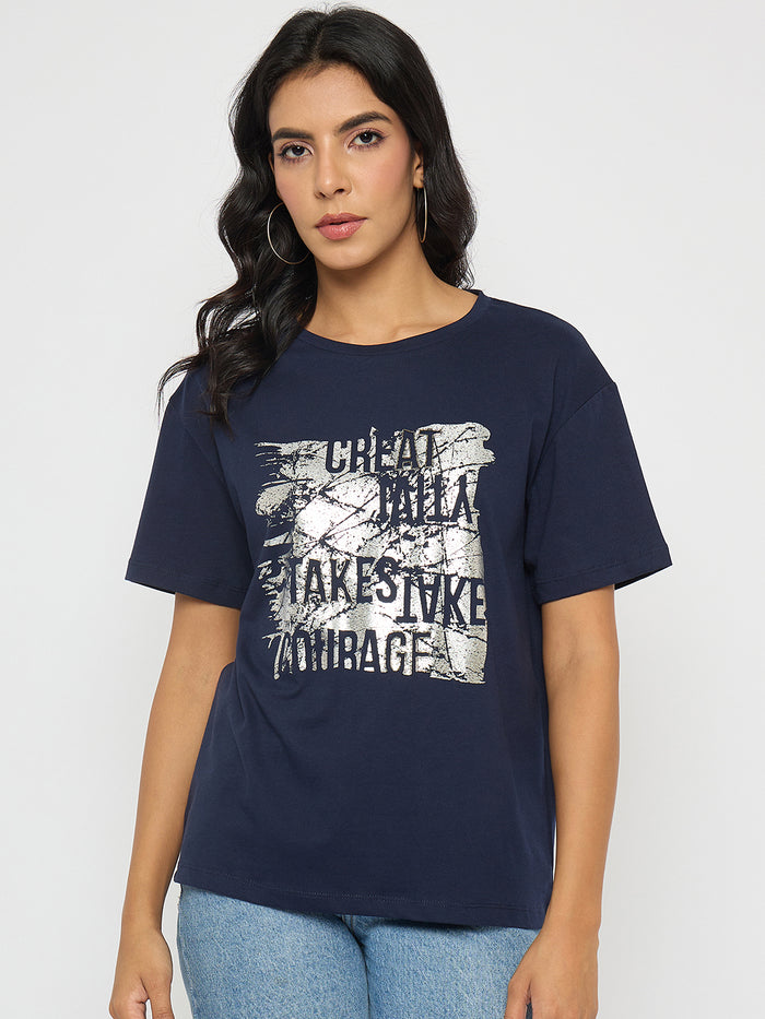 Madame Graphic And Typography Print Navy Blue Cotton T-Shirt