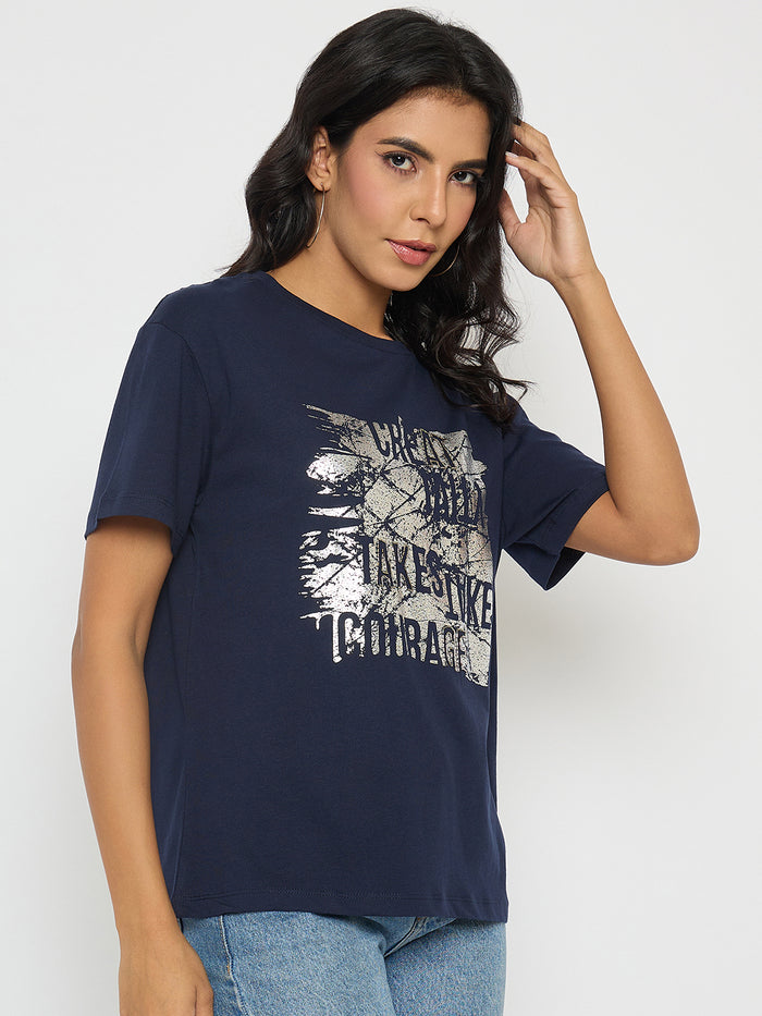 Madame Graphic And Typography Print Navy Blue Cotton T-Shirt