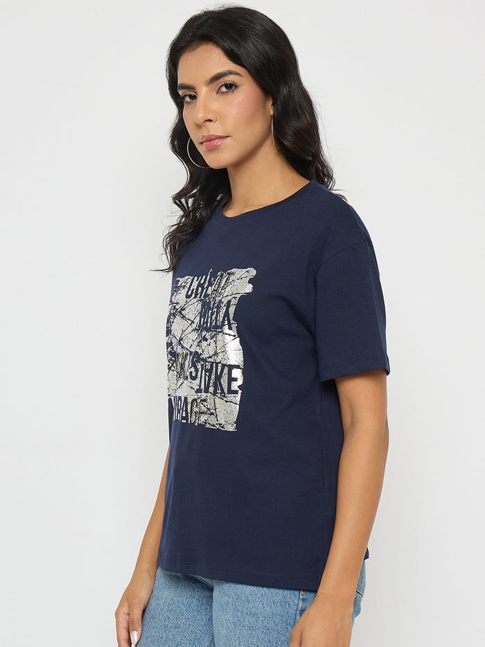 Madame Graphic And Typography Print Navy Blue Cotton T-Shirt