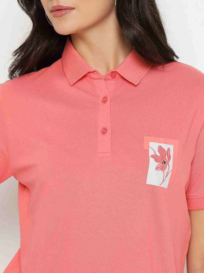 Madame Graphic Print Adorned Cotton Blend Coral Polo T-shirt