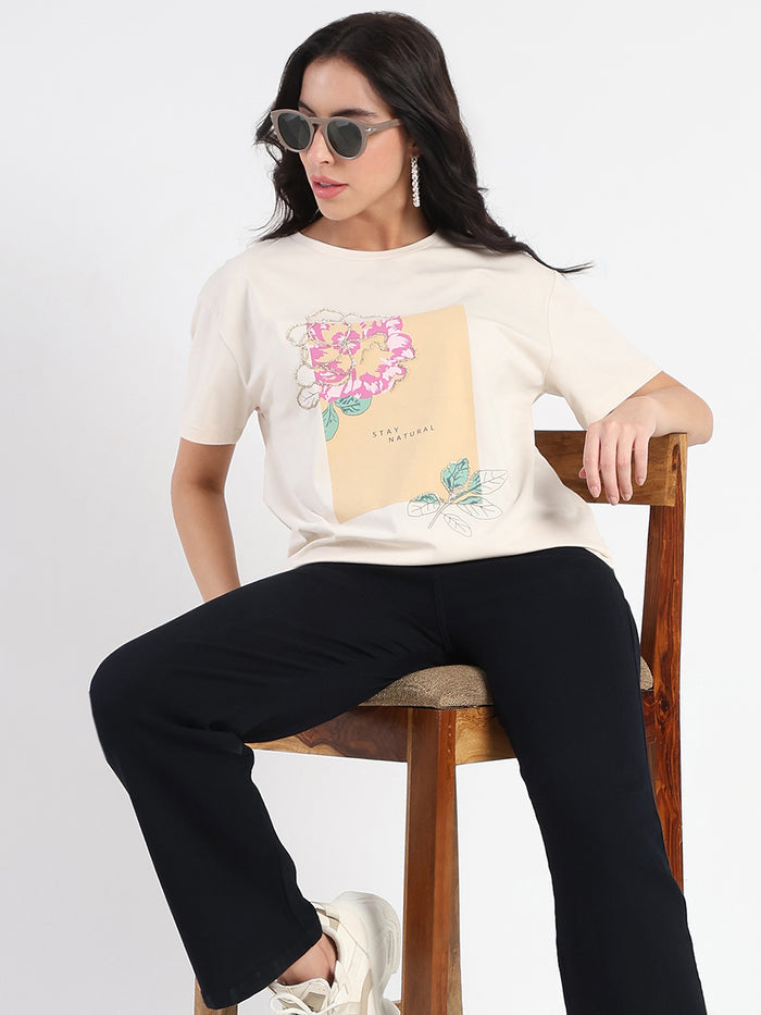Madame Graphic Print Beige Cotton Blend T-shirt