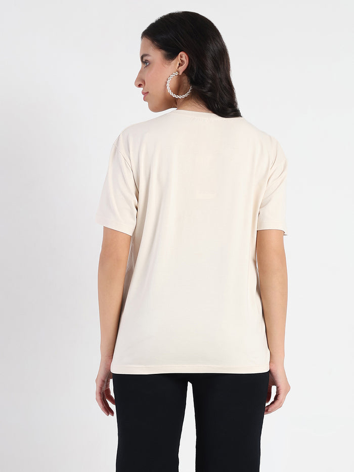 Madame Graphic Print Beige Cotton Blend T-shirt