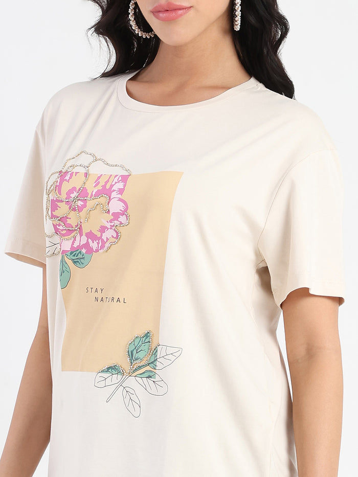 Madame Graphic Print Beige Cotton Blend T-shirt