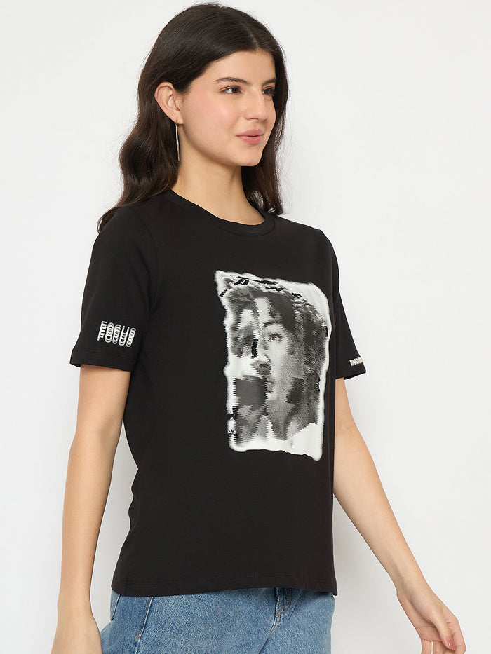 Madame Graphic Print Black Cotton T-shirt