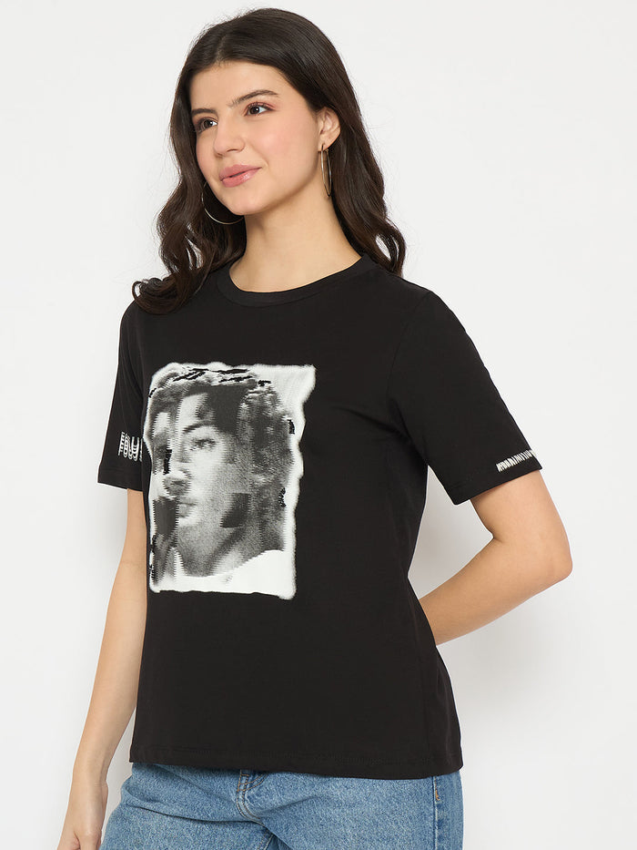 Madame Graphic Print Black Cotton T-shirt
