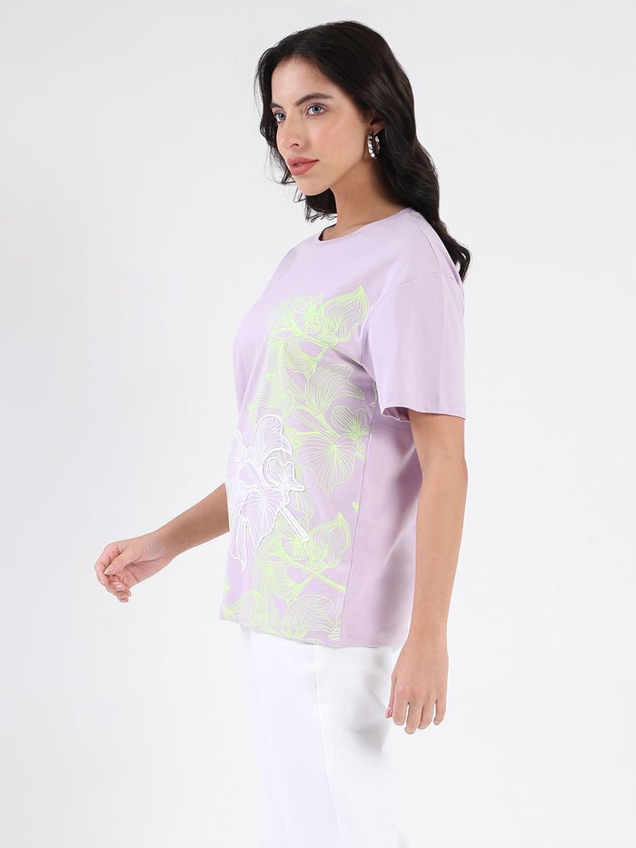 Madame Graphic Print Cord Detailed Lilac Sinker T-Shirt