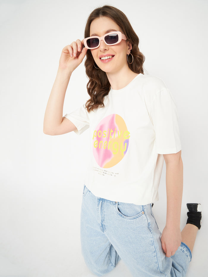 Madame Graphic Print Crew Neck White Cotton T-Shirt