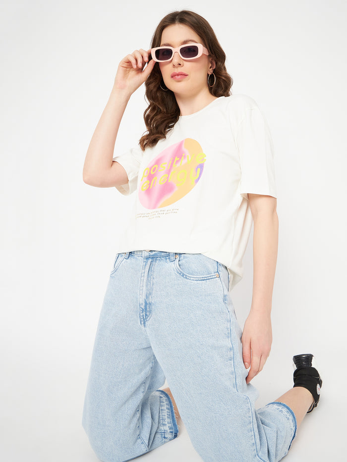 Madame Graphic Print Crew Neck White Cotton T-Shirt