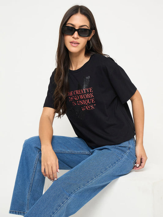 Madame Graphic Print Embellishment Black Cotton T-Shirt