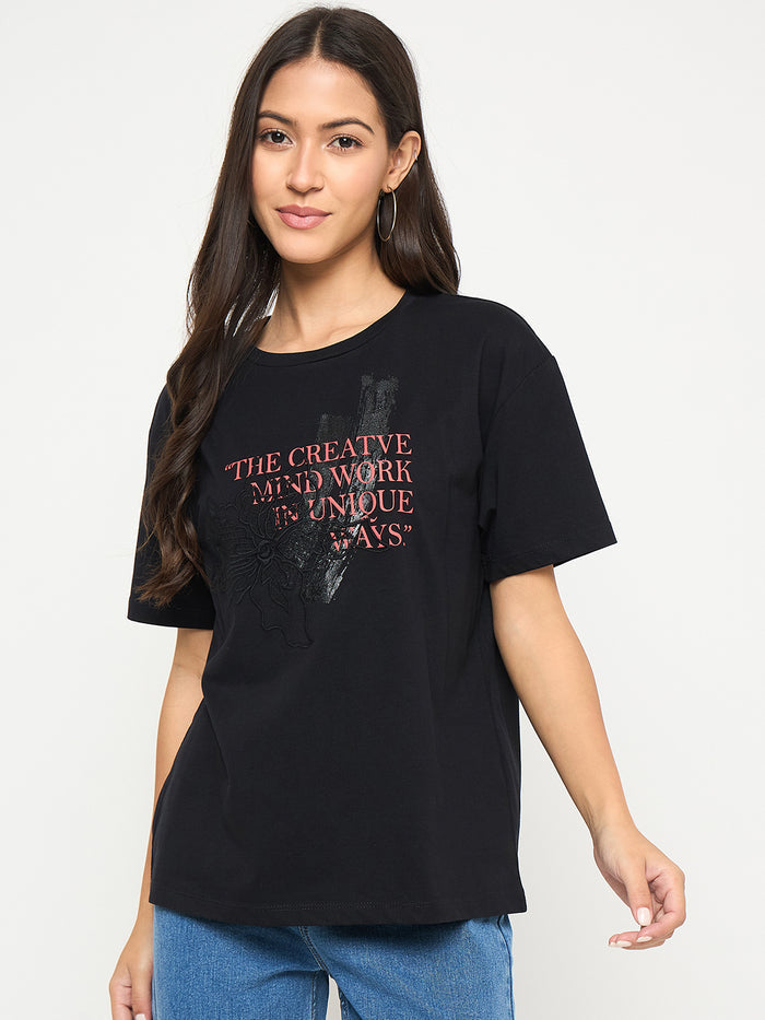 Madame Graphic Print Embellishment Black Cotton T-Shirt
