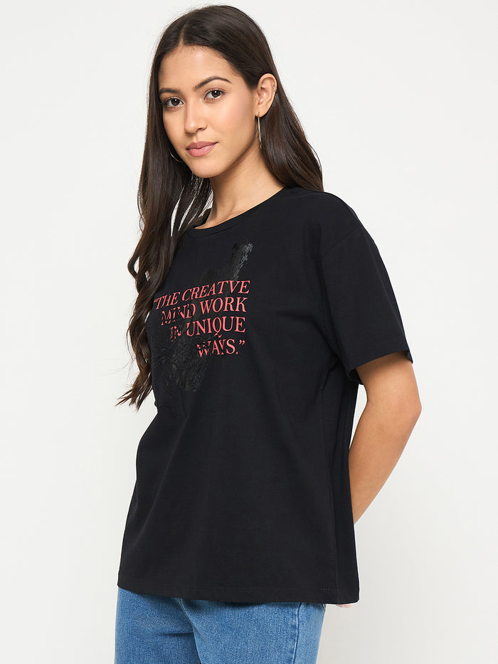 Madame Graphic Print Embellishment Black Cotton T-Shirt