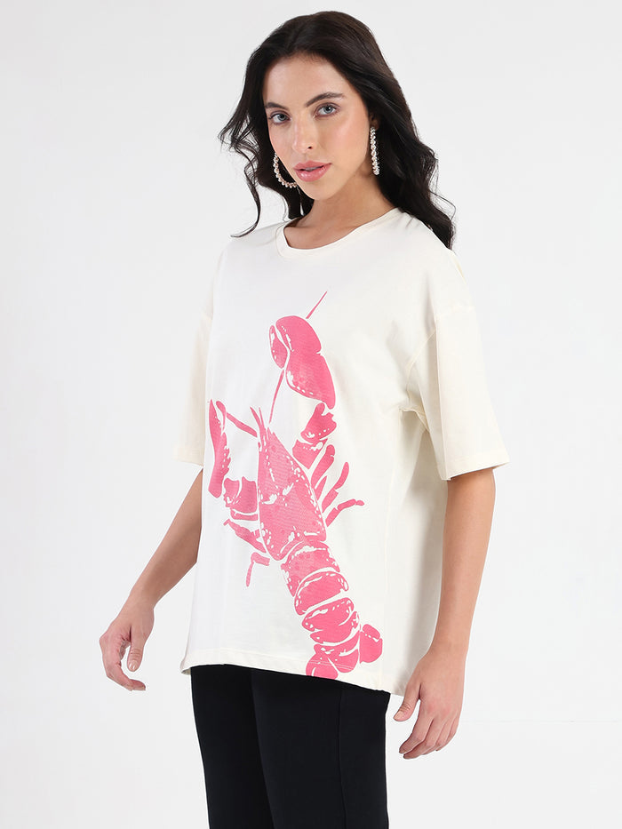 Madame Graphic Print Half Sleeve Off White Cotton T-shirt