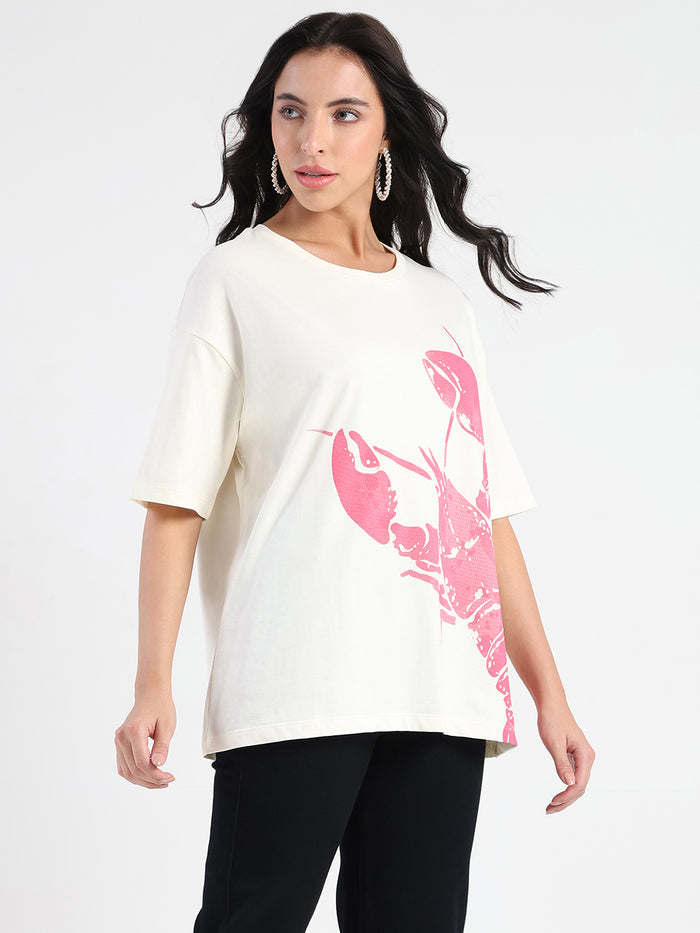 Madame Graphic Print Half Sleeve Off White Cotton T-shirt