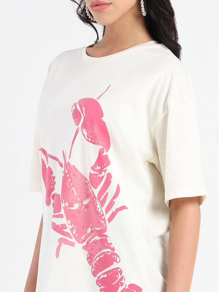 Madame Graphic Print Half Sleeve Off White Cotton T-shirt