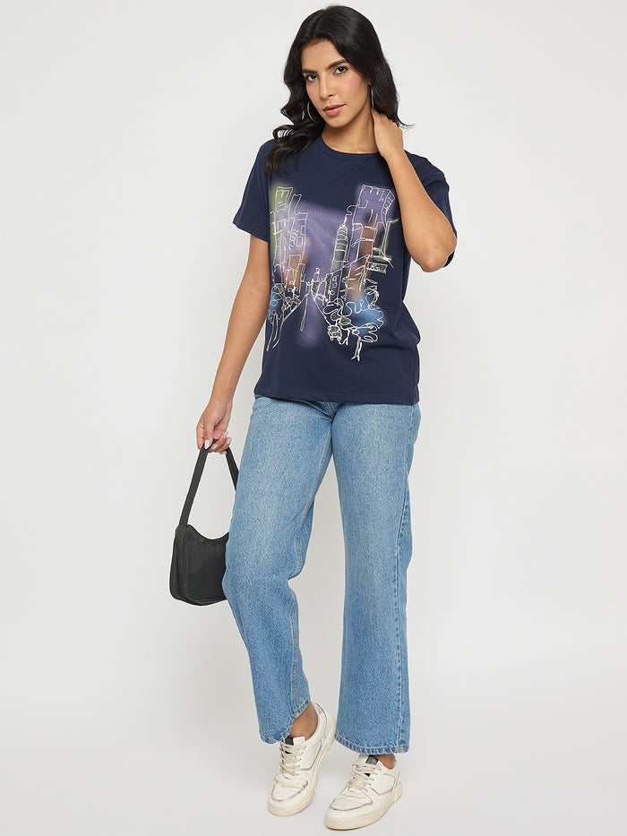 Madame Graphic Print Navy Blue Cotton T-shirt