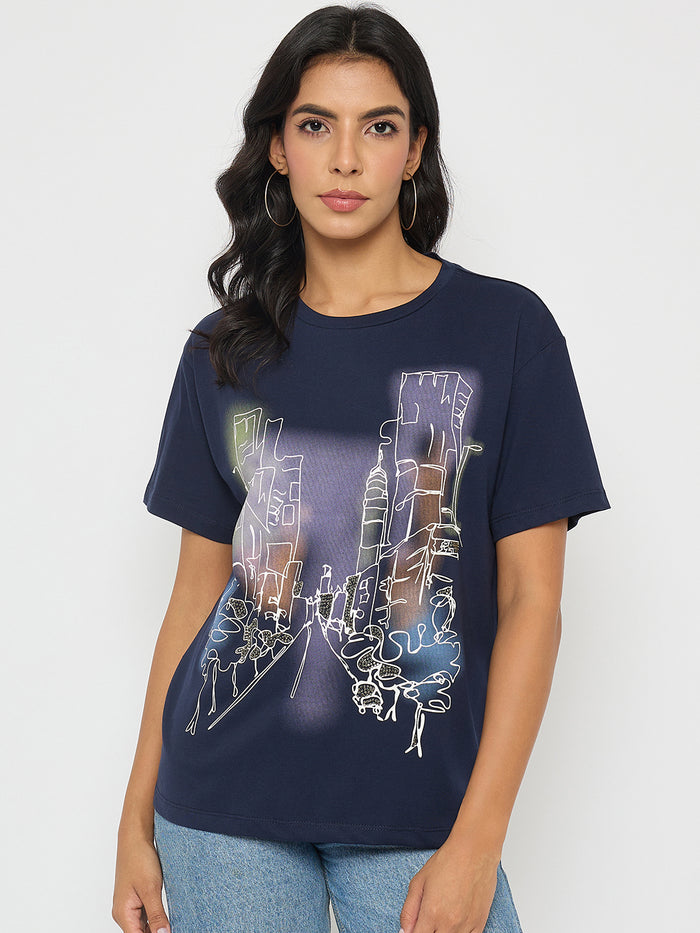 Madame Graphic Print Navy Blue Cotton T-shirt
