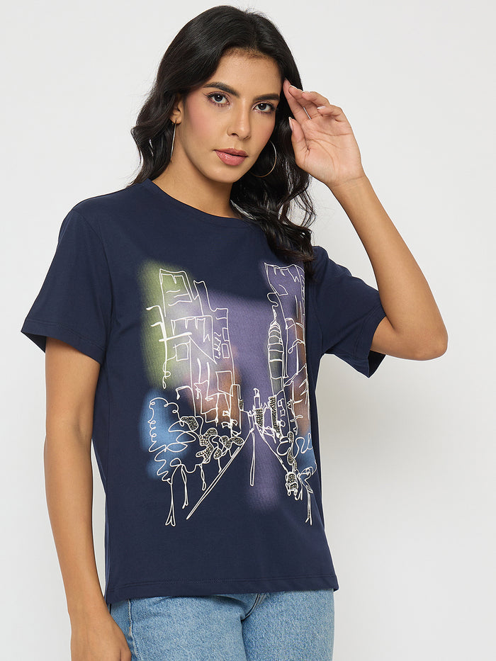 Madame Graphic Print Navy Blue Cotton T-shirt