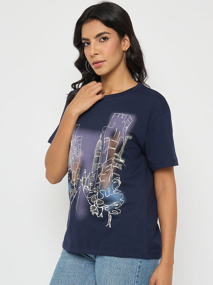 Madame Graphic Print Navy Blue Cotton T-shirt