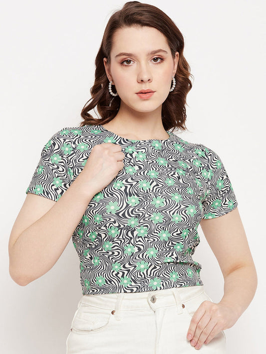 Madame Green Round Neck Floral Tshirt